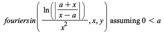 `assuming`([fouriersin(`/`(`*`(ln(abs(`/`(`*`(`+`(a, x)), `*`(`+`(x, `-`(a))))))), `*`(`^`(x, 2))), x, y)], [`<`(0, a)]); 